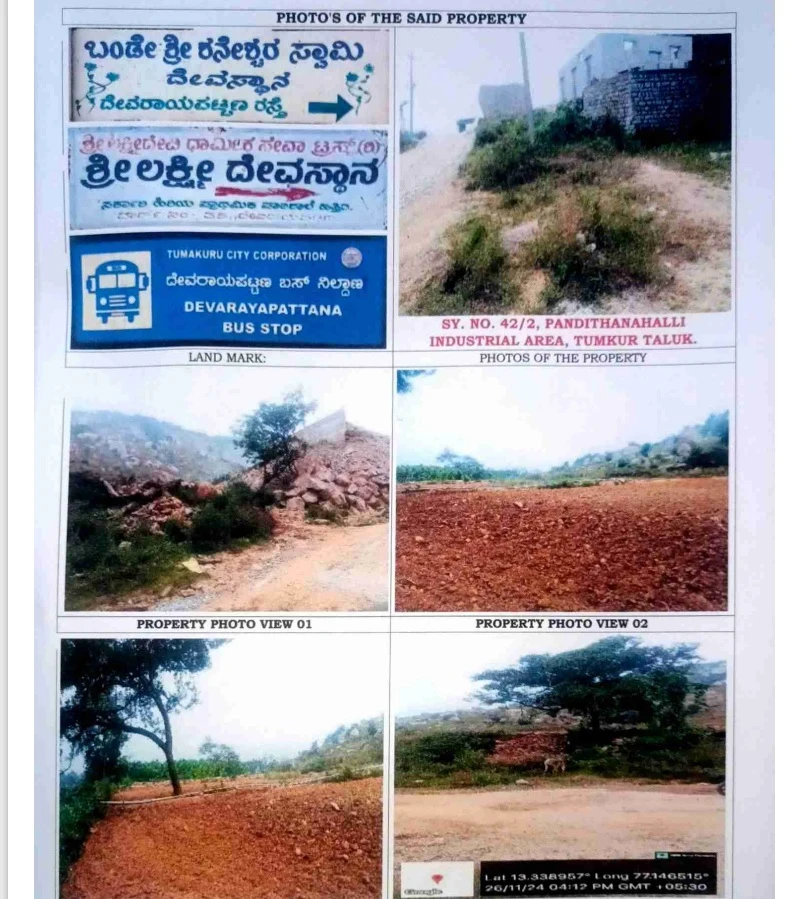 Industrial Converted Land having Sy. No.42/2 old Sy.No 9/B Block, measuring 2 acres situated at Pandithanahalli Village, Kasabahobli, Tumkur-572140. Bounded on: East: Land in Sy.No 42/1 belongs to KV Nagesh and others, West: Devarayapatna Gadi and Other Land, North: Other Land, South: Road.