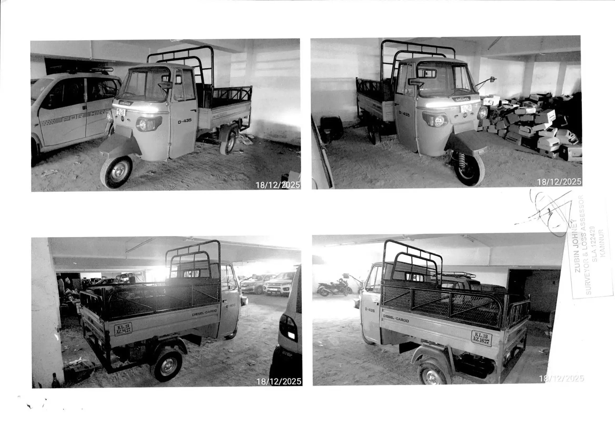 MG Cargo Diesel 3 Wheeler vehicle with registration number KL 13 AZ 1627, chassis number MBP93PDDGRT014191, model year 2024, engine number A4G1748033, fuel type Diesel.