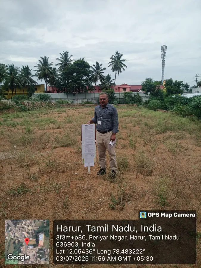 Gramanatham vacant site property situated in old Survey No.137/B, New Survey No. 137/2B2, situated in Harur Village and Taluk of Dharmapuri District, extent of 55 Cents owned by Dr. V. Arumugam. Bounded on the North by : 55 Cent land left by Mr. C S Gopalakrishna and Malliga, South by: Canal, East by: Canal, West by: Salem to Tirupattur Highway.