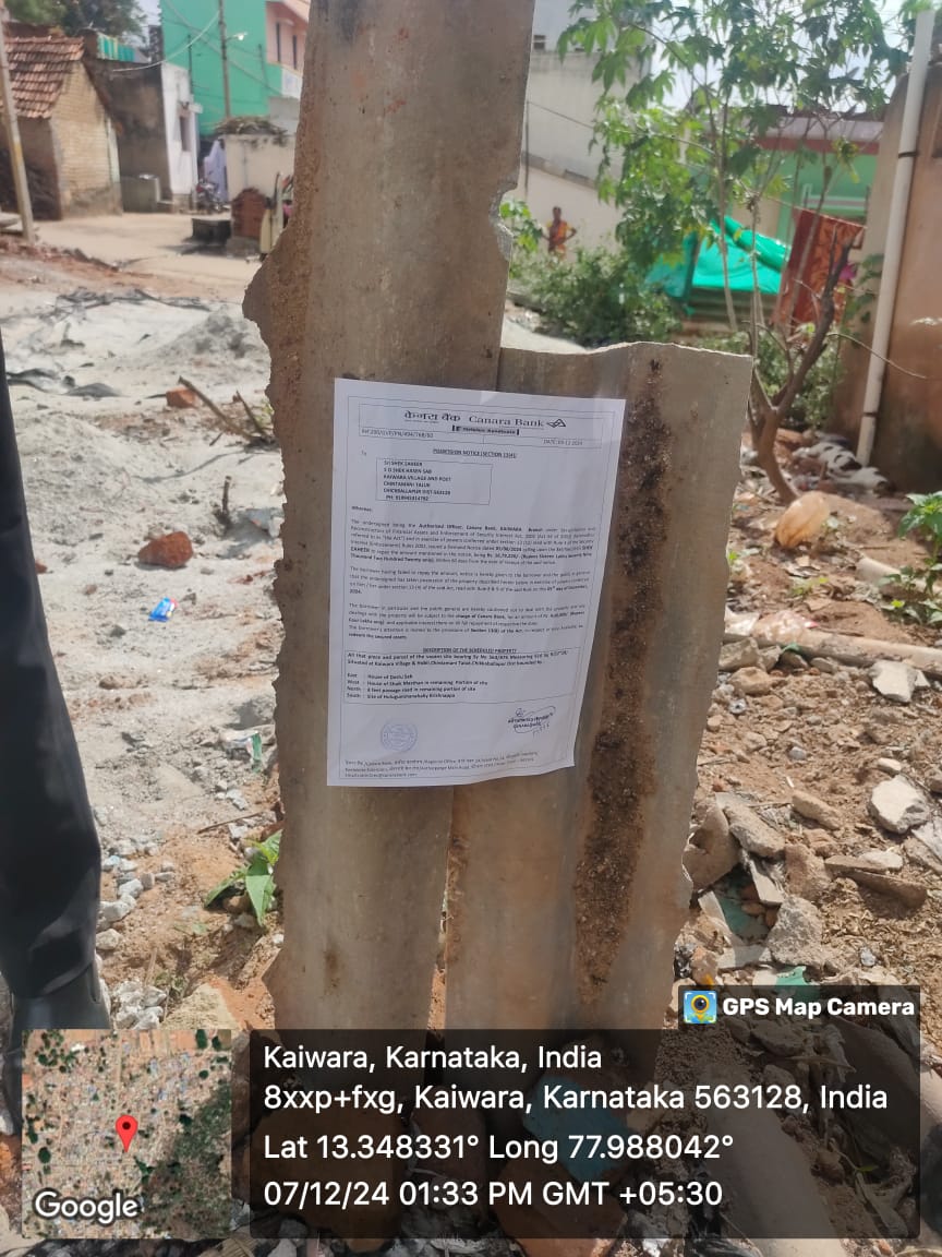 Vacant site bearing Sy No 563/876 Measuring 616 Sq ft(22*28) Situated at Kaiwara Village & Hobli, Chintamani Taluk, Chikkaballapur Dist bounded by: East : House of Dastu Sab West: House of Shaik Masthan in remaining Portion of site North: 8 feet passage road in remaining portion of site South : Site of Hulugummanahally Krishnappa