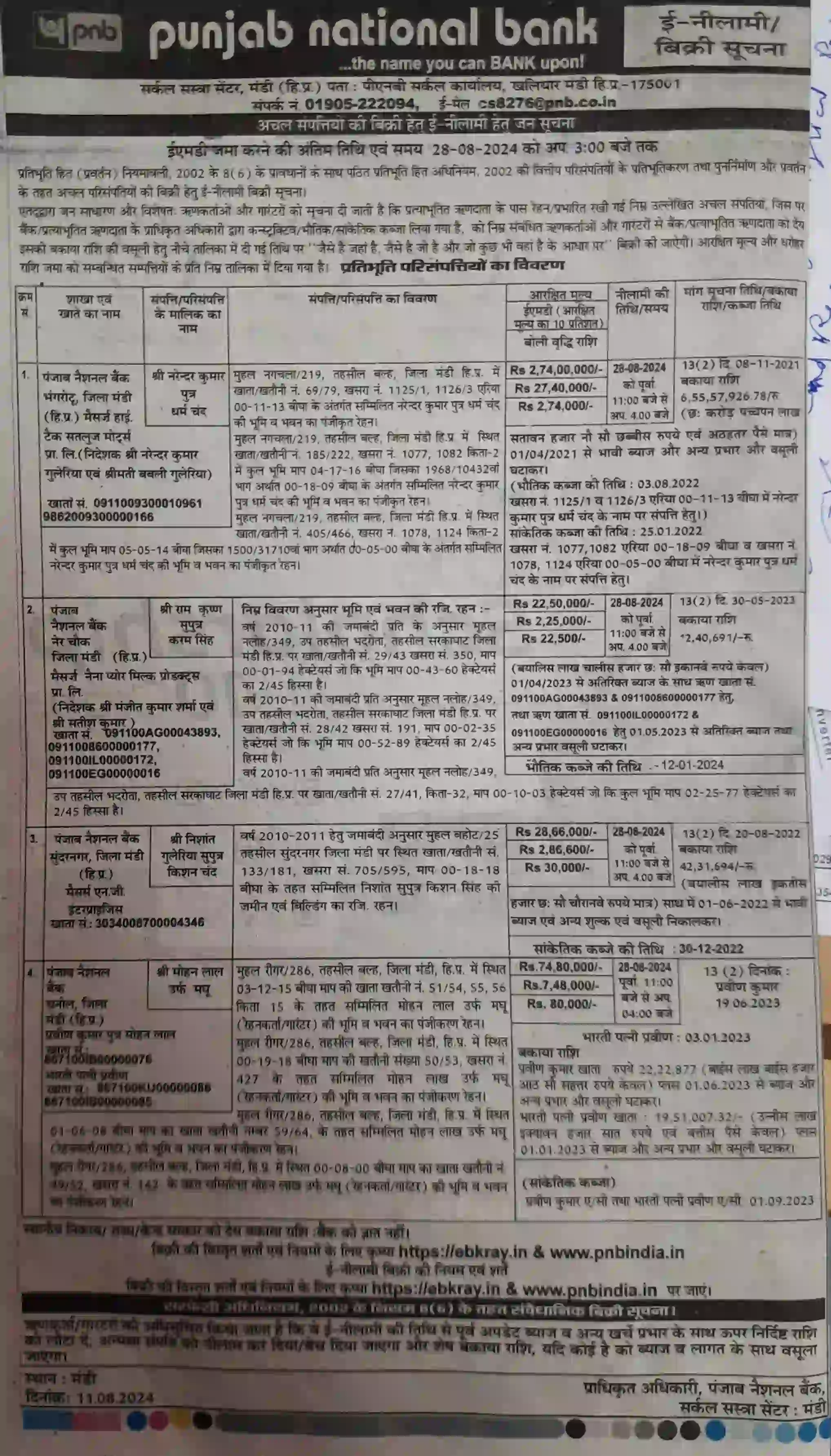 Agricultural land with registered mortgage, located in Muhal Naloh, Sub-tehsil Bhadrota, Tehsil Sarkaghat, District Mandi HP. The land measures 0.0194 hectare (2088 sq ft) being 2/45 share of total land measuring 0.4360 hectare, and 0.0235 hectare (2530 sq ft) being 2/45 share of total land measuring 0.5289 hectare, and 0.1003 hectare (10796 sq ft) being 2/45 share of total land measuring 2.2577 hectares.